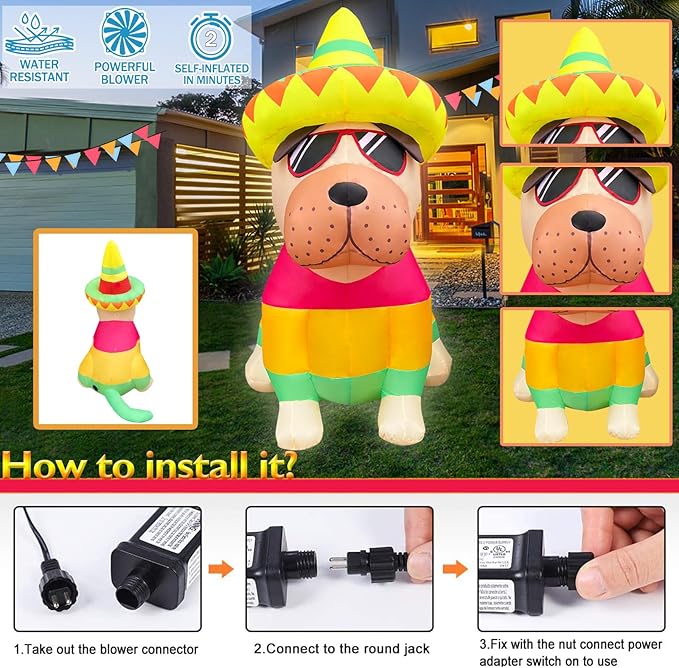 5 FT Cinco De Mayo Inflatables Outdoor Decorations, Bulldog with Taco Sombreros Glasses May 5 Blow up Inflatable Shar Pei Dog for Holiday Party Décor