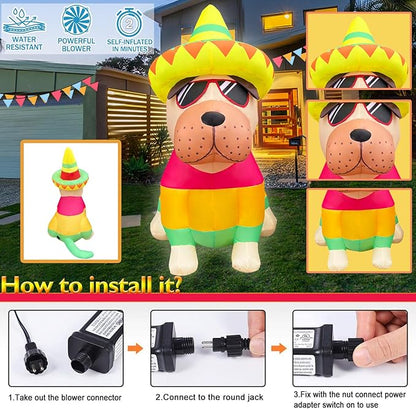 5 FT Cinco De Mayo Inflatables Outdoor Decorations, Bulldog with Taco Sombreros Glasses May 5 Blow up Inflatable Shar Pei Dog for Holiday Party Décor