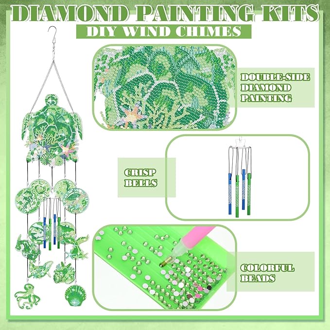 GlikCeil Beach Wind Chimes Diamond Art Wind Chimes Suncatchers Beach Diamond Art Kits with Crystal Pendant Hanging Ornament for Home Garden Patio Backyard Decor (Green)