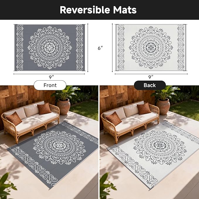 Pauwer Waterproof Outdoor Rug 6x9, Reversible Plastic Straw Patio Camping Rug, Indoor Outdoor RV Mat Carpet for Deck, Camper, Porch, Balcony, Backyard, Picnic, Floral Grey
