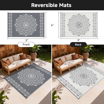 Pauwer Waterproof Outdoor Rug 6x9, Reversible Plastic Straw Patio Camping Rug, Indoor Outdoor RV Mat Carpet for Deck, Camper, Porch, Balcony, Backyard, Picnic, Floral Grey