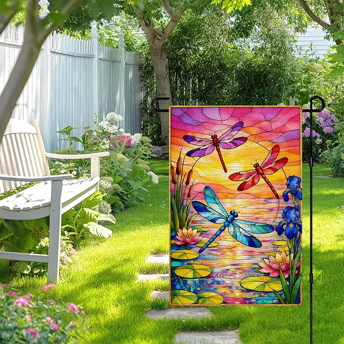IVN Dragonfly Garden Flag 12x18 Inch – Sunset Lake Stained Glass Style Outdoor Flag, Double Sided Burlap Yard Flag for Porch Lawn Patio Decorative