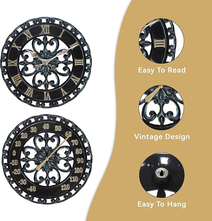 Lily's Home Hanging Verdigris Wall Clock and Dial Thermometer Set, Ideal for Indoor and Outdoor Use, Makes a Great Housewarming Gift, Black (13 Inches)