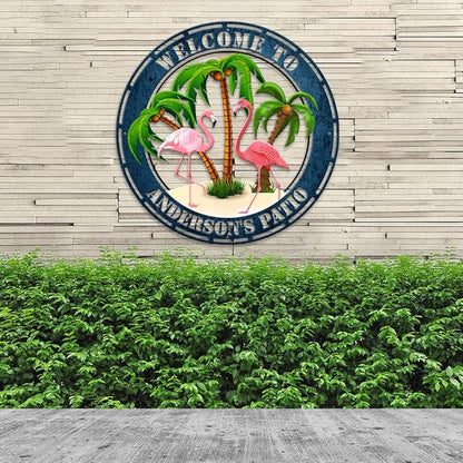 MeMate Flamingo Patio Sign Outdoor Decor, Personalized Metal Sign for Backyard, Custom Name Signs for Garden Porch, Deck, Large Metal Sign for Outside, Housewarming Gifts for Family Friends