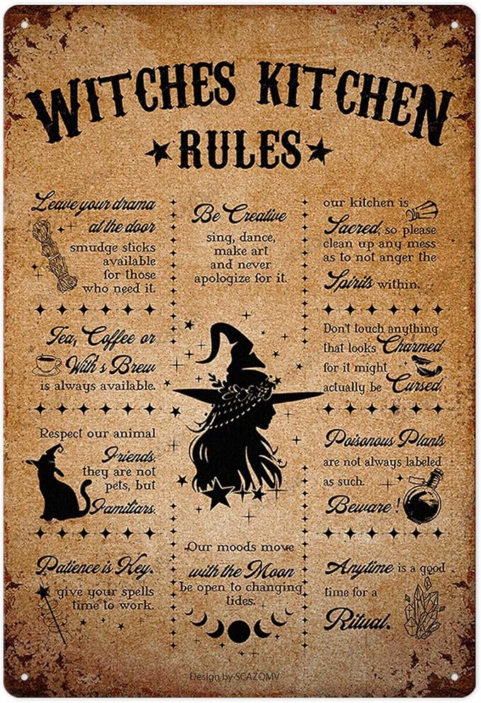 Witches Kitchen Rules Metal Tin Signs Vintage Witches Kitchen Decor Halloween Party Retro Decorations for Home Bar Cafe Porch Patio Yard Outdoor Decorative 12x8 Inch (Retro Copper Rust)