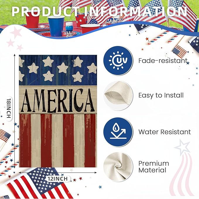 4th of July Garden Flag 12x18 Inch Double Sided, Patriotic American Flag Yard Decoration,Small Seasonal Outdoor Decorations for Summer Independence Day,250th Years America Anniversary Holiday Outside