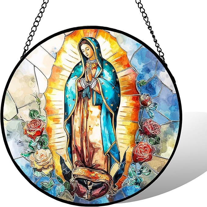 7.88'' Virgin Mary Stained Glass Window Hanging,Christian Mary Suncatchers Stained Glass Hanging with Hook Chain for Window, Sun Catchers Home Decor for Mother's Day for Women, Men, Wife, Aunt, Mom