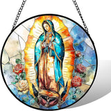 7.88'' Virgin Mary Stained Glass Window Hanging,Christian Mary Suncatchers Stained Glass Hanging with Hook Chain for Window, Sun Catchers Home Decor for Mother's Day for Women, Men, Wife, Aunt, Mom