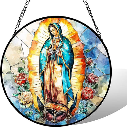 7.88'' Virgin Mary Stained Glass Window Hanging,Christian Mary Suncatchers Stained Glass Hanging with Hook Chain for Window, Sun Catchers Home Decor for Mother's Day for Women, Men, Wife, Aunt, Mom