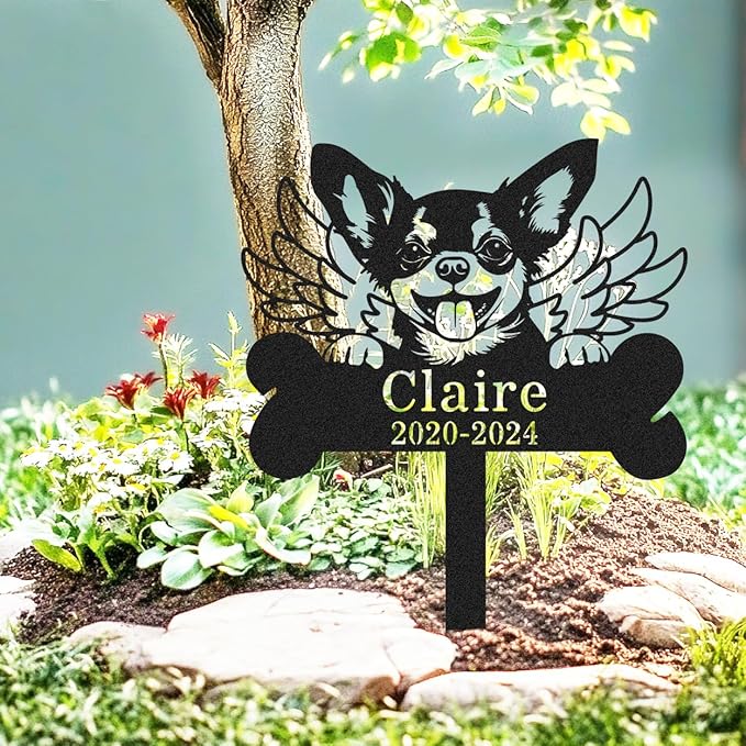 Custom Dog Memorial Grave Marker with Wings, Personalized Chihuahua Memorial Stake Bone Burial Marker Metal Engraved Sign, Customized Dog Memorial Decorations Garden Stake with Name & Date