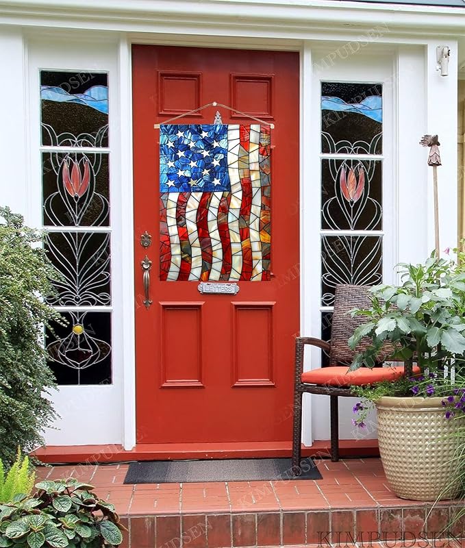 Patriotic House Flag 28x40 Inch Double Sided Stained Glass Large Yard Flag for Outside, Outdoor Burlap Garden Flag Summer Holiday Decorations