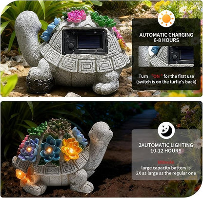 Solar Garden Outdoor Statues Turtle with Succulent and 7 LED Lights -Waterproof Animal Lawn Decor Statue for Patio, Balcony, Yard Ornament for Mom Grandma Women