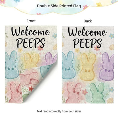 Welcome Peeps Bunny Easter Garden Flag 12 x 18 Inch Double Sided Outside Flag, Painted Rabbits, Welcome Spring Flag Outdoor Yard Easter Holiday Decoration