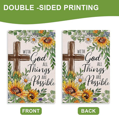 With God All Things Are Possible Christian Decorative Garden Flag, Religious Cross Sunflower Spring Summer Easter Yard Outside Decorations, Inspirational Fall Outdoor Small Home Decor 12 x 18