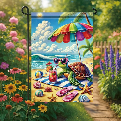 Summer Garden Flag 12x18 Inch Cute Sea Turtle Beach Umbrella Sunglasses Tropical Ocean Design Outdoor Yard Porch Lawn Patio for Seasonal Coastal Home Decor