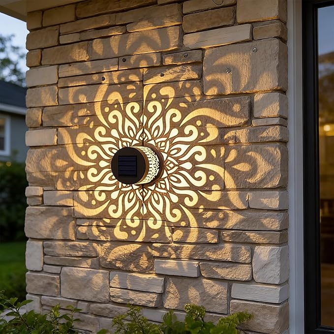 Decorative Solar Mandala Lights, Metal Solar Powered Outdoor Deck Step Wall Lights, Waterproof Solar Mandala Fence Lights Outdoor, for Garden Post Patio Backyard Yard Decor (2PCS)