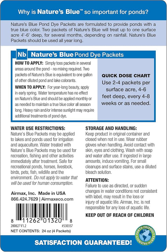 Airmax Pond Dye Packets Natures Blue Colorant for Large Pond & Lake, Beneficial UV Blocking Color Concentrate, Maintain Clean & Clear Water, Fish, Bird & Animal Safe, 4 Soluble Packets