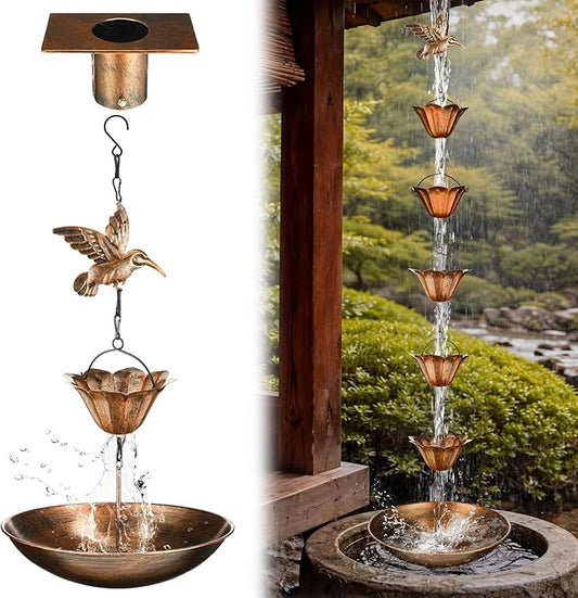 MorningRo Brass 8.5ft Rain Chains for Gutters Outside with Anchor Basin 12 Cups Rain Chain Catcher Downspout Replacement Adjustable Metal Garden Rainwater Divert for Eaves Drainage (Bird)