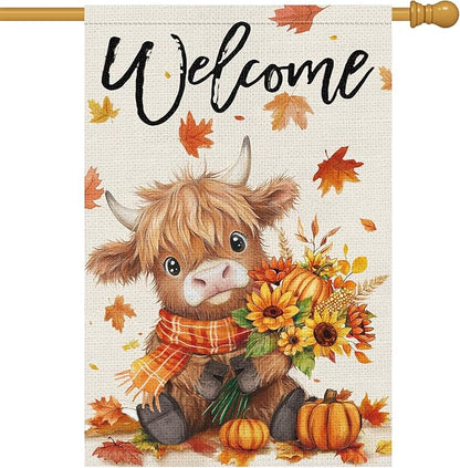 Heyfibro Welcome Fall Highland Cow Garden Flag 28x40 Double Sided Burlap, Autumn Pumpkin Sunflower Yard Flags for Thanksgiving Rustic Seasonal Outside Outdoor Decoration (ONLY FLAG)