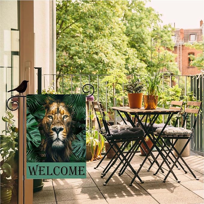 Mugod Lion Garden Flag 12.5x18" Double Sided for Outside, Jungle Animal Tropical Leaves Burlap Small Seasonal Yard Flag for Outdoor Decor