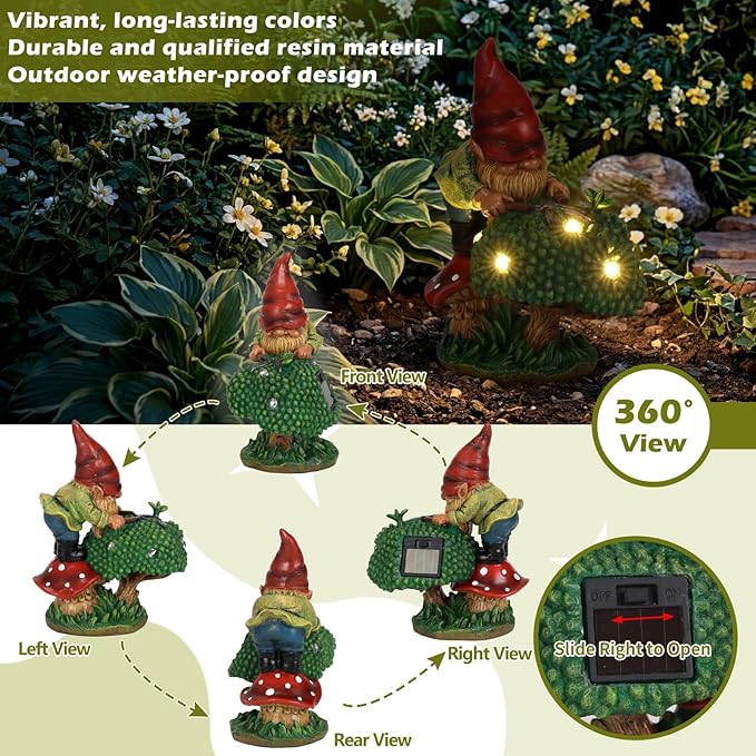 EXYGLO Solar Gnome Garden Decor Statue, 7.4" Gnome Gardener Outdoor Funny Decoration for Lawn, Patio, Yard, and Unique Housewarming, Birthday Ornament Gift for Mother, Friend, Family