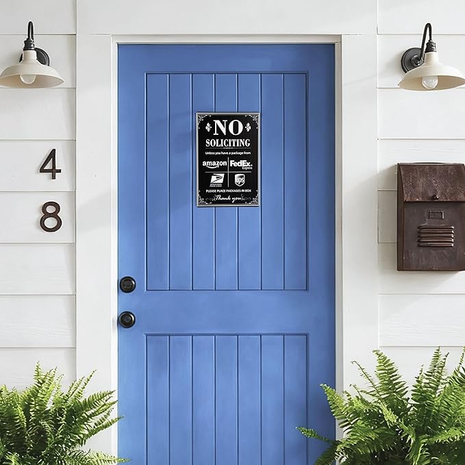 NO SOLICITING Decorative Sign Chic Metal Delivery Sign for Outdoor Yard Front Door or Indoor office Room Wall Decor to Discourage Unwanted Visitors- PLEASE PLACE PACKAGES IN BOX (Color01)
