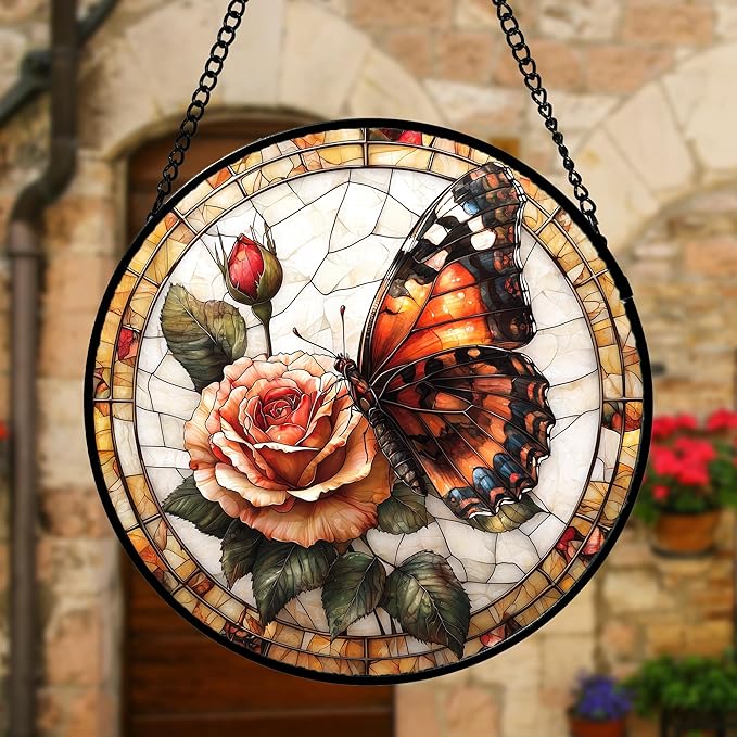DASTOLL Stained Glass Window Hanging, Butterfly Picking Flowers Suncatcher for Doors Home Sun Catchers Decoration and Christmas, Mother's Day Birthday Gifts for Women, Men, and Mom 11.8x11.8 in