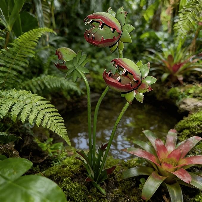 Metal Carnivorous Plant Garden Stake, 25-Inch Large Venus Flytrap Monster Plant Sculpture, whimsical vintage Outdoor Decor for Flower Beds, Patios & Planters, Unique Quirky Garden Gift (2PCS)