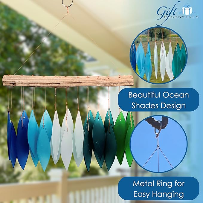 Blue Handworks Gradient Ocean Waterfall & Driftwood Glass Leaves Chime - Sandblasted Glass and Found Wood Handcrafted Wind Chime