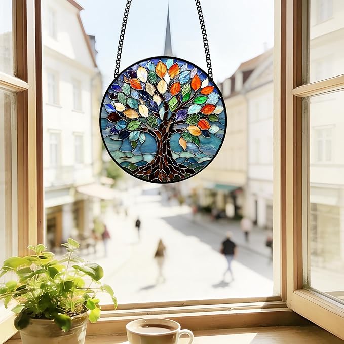 Stained Glass Window Hanging, Tree of Life Sun Catchers Glass Panel Colorful Suncatcher Decor for Birthday, Women, Men, Wife, Aunt, Lovers, Home Garden 7.8 in