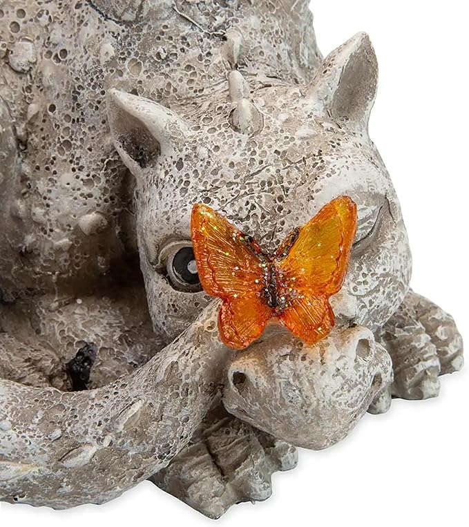 Evergreen Garden Baby Dragon Statue with Butterfly Solar Light | 8x7x6 Inches | Solar Dragon Garden Statues and Figurines Outdoor Indoor Decorations for Home