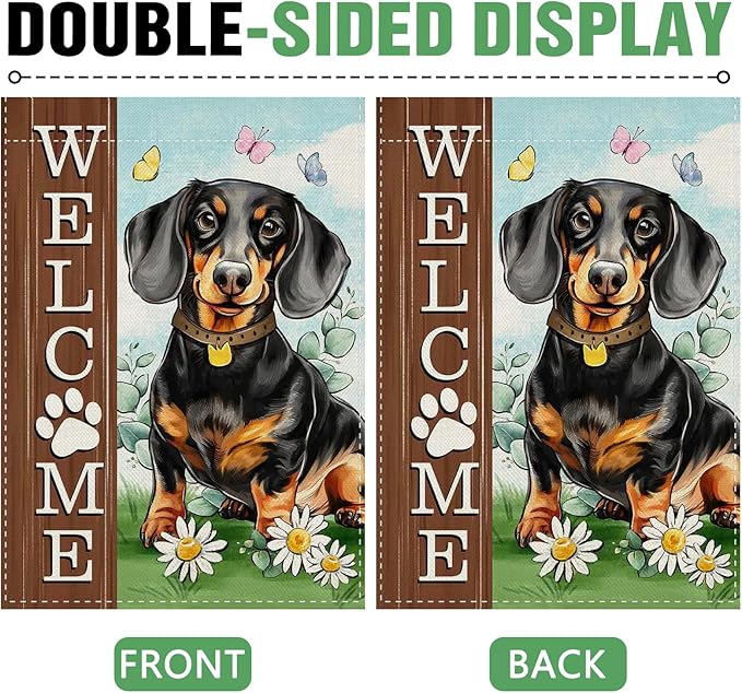 Dyrenson Welcome Dachshund Dog 28 x 40 House Flag Double Sided, Paw Prints Garden Yard Decoration Pet Owner Lover Gift, Spring Summer Burlap Outdoor Decor Decorative Large Flag
