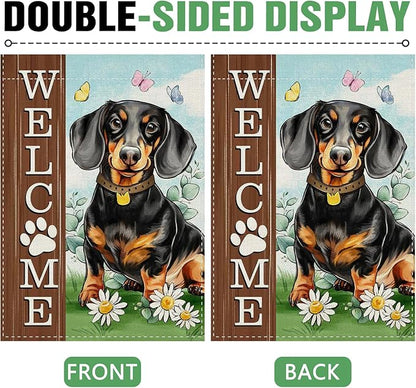 Dyrenson Welcome Dachshund Dog 28 x 40 House Flag Double Sided, Paw Prints Garden Yard Decoration Pet Owner Lover Gift, Spring Summer Burlap Outdoor Decor Decorative Large Flag