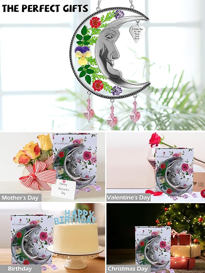 KY&BOSAM Moon Suncatcher Mom Gifts Stained Glass for Windows Hangings Wind Chime Decor with Pressed Real Flower and Metal I Love You to The Moon and Back Heart Charm for Home Christmas Trees Patio