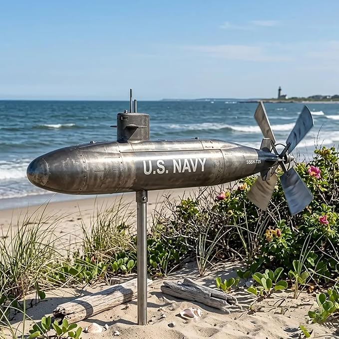 Metal Submarine Wind Spinner, U.S. Navy Style Garden Windmill, 360° Rotating Wind Sculpture for Yard, Patio, Lawn, Outdoor Decor, Veteran Gift
