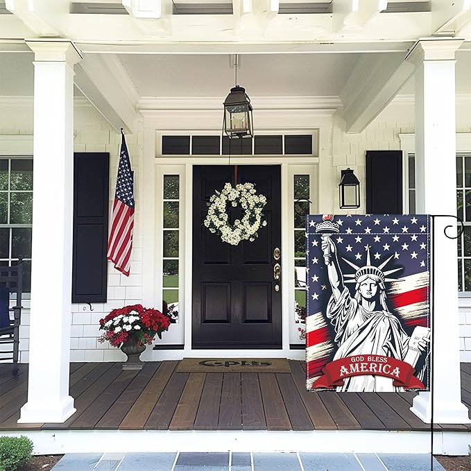 Patriotic Garden Flag 12x18 Inch Double Sided Statue of Liberty God Bless America Flag Memorial Day Independence Day Indoors Outdoors Decoration for Yard (God Bless America)