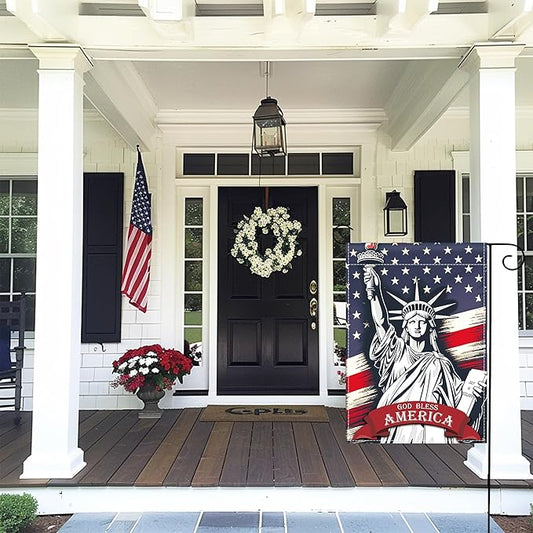 Patriotic Garden Flag 12x18 Inch Double Sided Statue of Liberty God Bless America Flag Memorial Day Independence Day Indoors Outdoors Decoration for Yard (God Bless America)