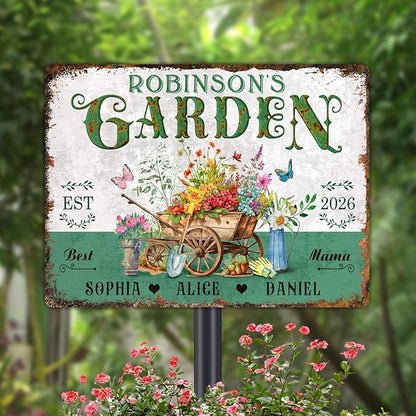 Custom Garden Signs Personalized Metal Tin Sign for Women, Retro Hummingbird Metal Sign for Outdoor, Patio, Yard Home Decor Gift for Mothers Day, Grandmas, and Gardening Lovers (For MOM 04)