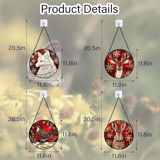DASTOLL Stained Glass Window Hanging 4 Pcs Set Red Golden Snowflakes Large 11.8" - Christmas Elk Rabbit Suncatcher Door Garden Sun Catcher Decor Birthday for Mom Woman Nana Men