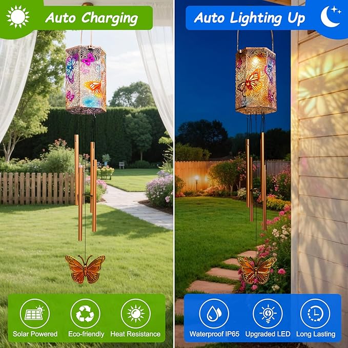 Solar Wind Chimes for Outside, Butterfly Gifts Women 3D Multicolor Waterproof Solar Lantern Chimes Outdoor Lights Hanging Decor for Garden, Porch, Yard Gifts for Mom Grandma