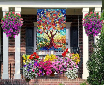 Stained Glass Tree of Life House Flag 28x40 Double Sided for Outside, Spring Summer Burlap Large Floral Garden Flags for Yard Outdoor Garden Decor