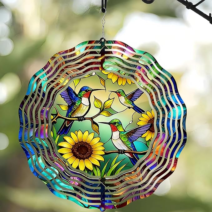 10 Inch Hummingbird Wind Spinner, 3D Metal Hanging Bird Kinetic Wind Rustproof Sculpture Gift for Women Mom Grandma Wife, Yard Garden Balcony Spring Ornament Outdoor Decor
