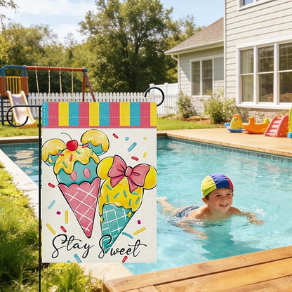 Summer Ice Cream Decorative Garden Flag, Stay Sweet Dessert Sprinkles Burlap Yard Home Decoration, Cute Pink Bow Small Outside Outdoor Decor Double Sided 12 x 18