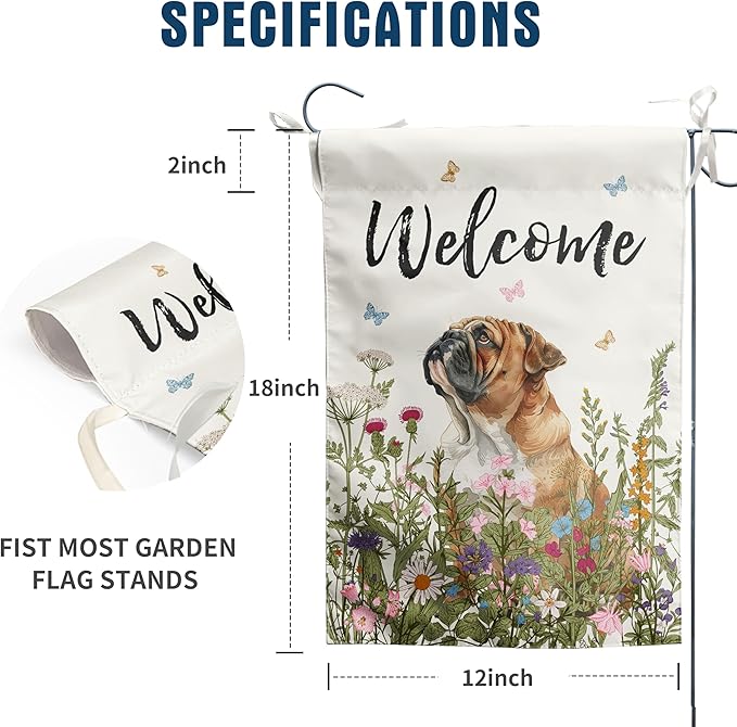 Spring Summer Garden Flag Floral English Bulldog Yard Flag Flower Dog Garden Flags for Outside Small Outdoor Welcome Flags 12x18 Double Sided