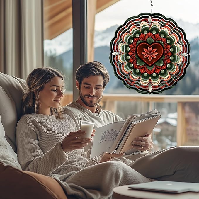 Green Mandala Wind Spinners Outdoor, Hanging Wind Spinner for Garden Decoration, 8 inch 3D Stainless Steel Metal Wind Sculpture for Indoor/Outdoor Decor