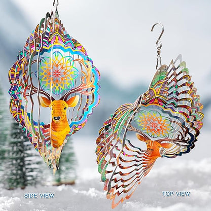 FONMY Santa Deer Wind Spinner 3D Stainless Steel Christmas Decoration Worth Gift Garden Decor. Indoor Outdoor Hanging Ornament 12inch Metal Wind Spinners