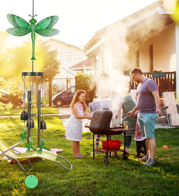 CoTa Global Green Garden Dragonfly Wind Chime - Handmade Glass and Metal Chime - Hanging Decor - Colorful Home Decor Gift, Indoor and Outdoor Hanging Decoration for Porch, Patio, and Garden - 35 Inch