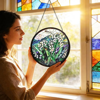 Staied Glass Window Hanging, White Green Lily Sun Catcher for Door Terrace Garden Kitchen Home Decor, Plants Flowers Suncatchers for Christmas Mother's Day Birthday Gift for Women Men Mom Nana 9.8 in