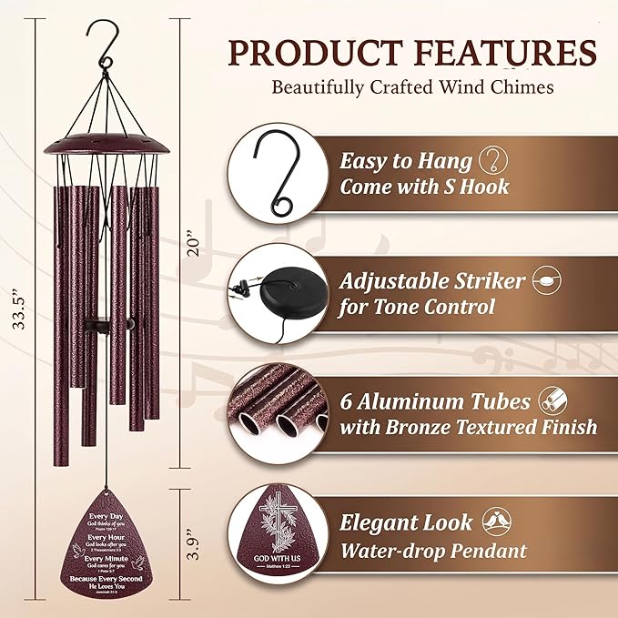 Christian Wind Chimes for Outside, 33.5" Bible Verse Wind Chime, Christian Birthday Gifts for Women, Religious Baptism Gift for Women Men Friends Teacher Appreciation Gift, Christian Gifts for Mom