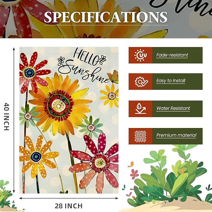 Summer Flowers House Flags for Outdoor, Hello Sunshine Sunflower Daisy Yard Flags for Outside,Seasonal Decorative Flag for Spring Farmhouse Holiday Decoration 28x40 Inch Double Sided